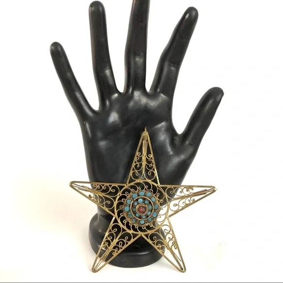 Rare star turquoise coral vintage pendant gold filigree
